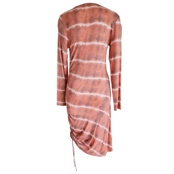Soft Stretchy T-shirt Dress Ruched Side Midi BodyCon Peach Tie Dye Long Sleeve S - Picture 3 of 16